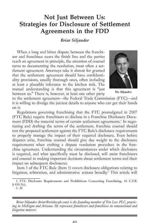 First page of the Franchise Law Journal article
